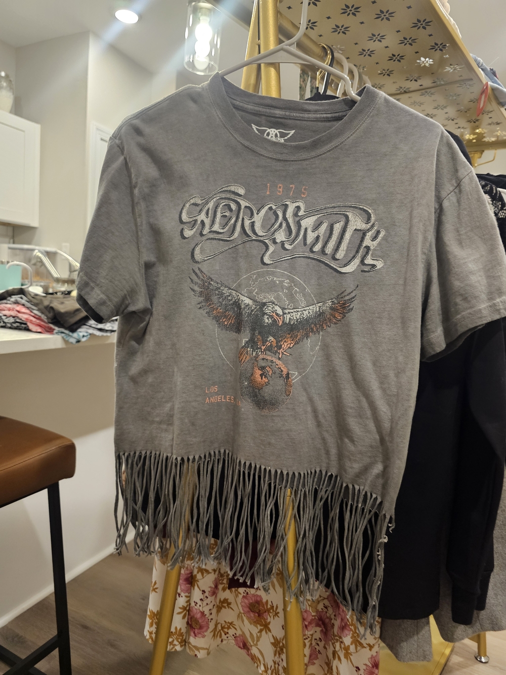 BKE Gray Fringe Crop Top with Eagle Graphic